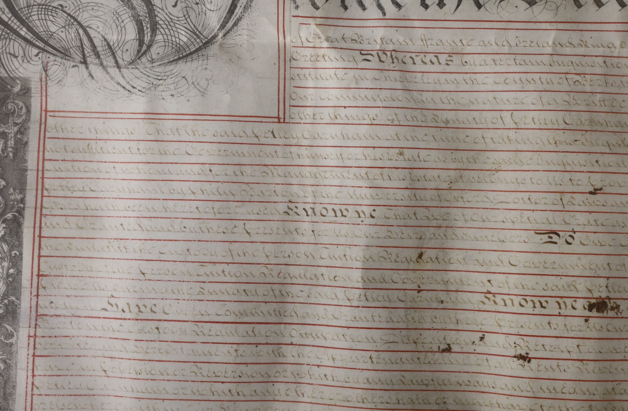 A George II Grant by letters patent of the estate of Petley Garnham of Chieveley in Berkshire, a lunatic; 28 Jan 1746, with wax great seal, 82cms wide x 68cms high